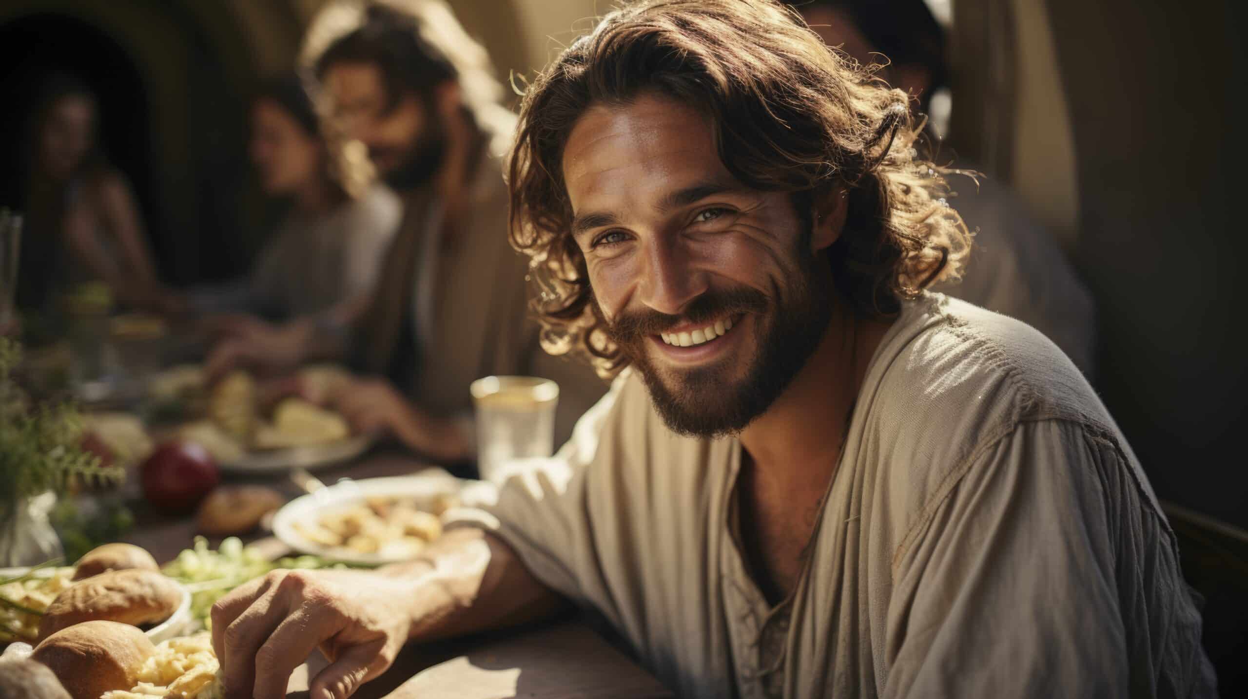 jesus and people sit around a table, last supper, and he eats with them, in the style of portraits with soft lighting, solarizing master, colorized, harsh lighting, , uniformly staged images, light yellow --chaos 20 --ar 16:9 --stylize 750 --v 5.2 Job ID: 20582dcb-243c-4b04-bb40-2c92d44e3456