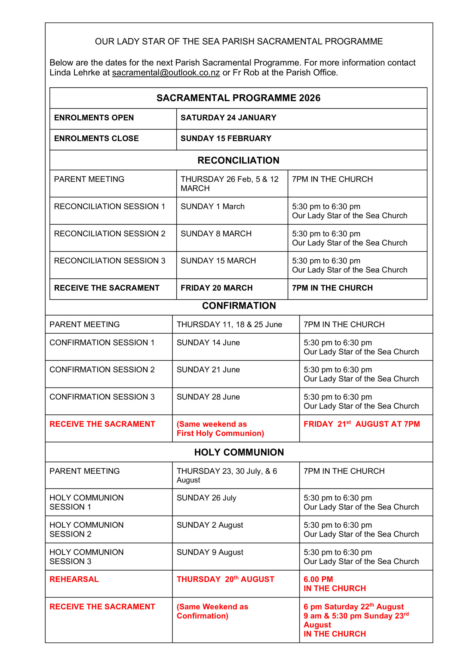 2026 SACRAMENTAL DATES AND INFO SHEET A